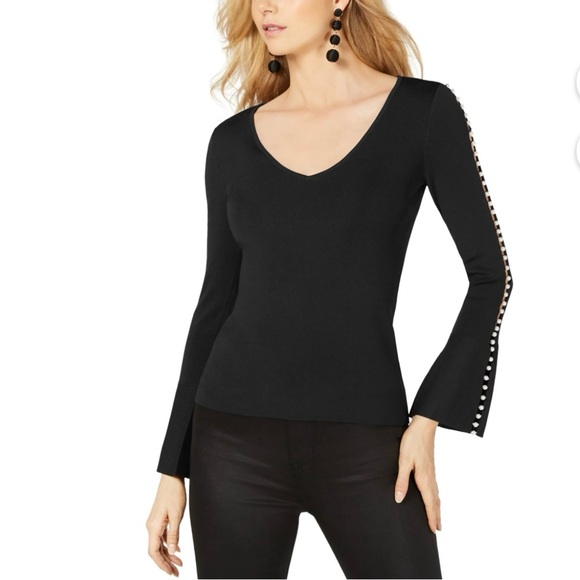 ✅🆕I-N-C Women Pearl Trim Pullover black long sleeve Blouse - Picture 4 of 8